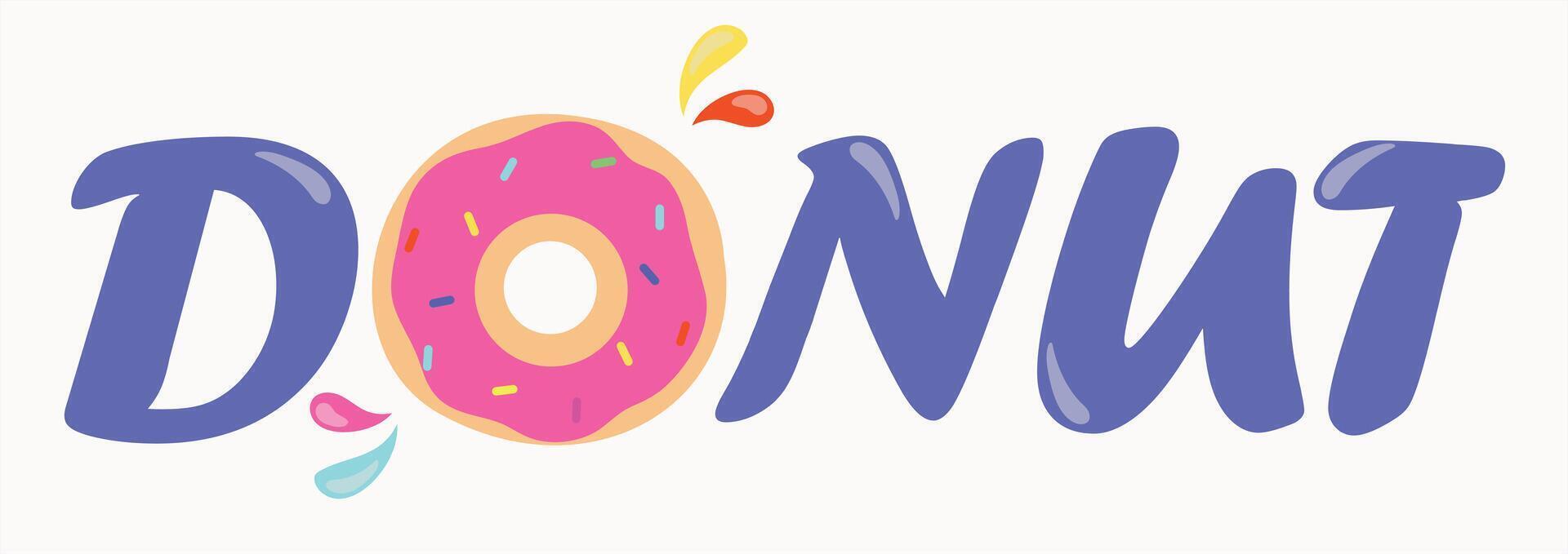 Playful donut logo with pink frosting, and colorful sprinkles in a whimsical design. logo card in trendy style. For poster, card, print, promotion, sale and itc vector