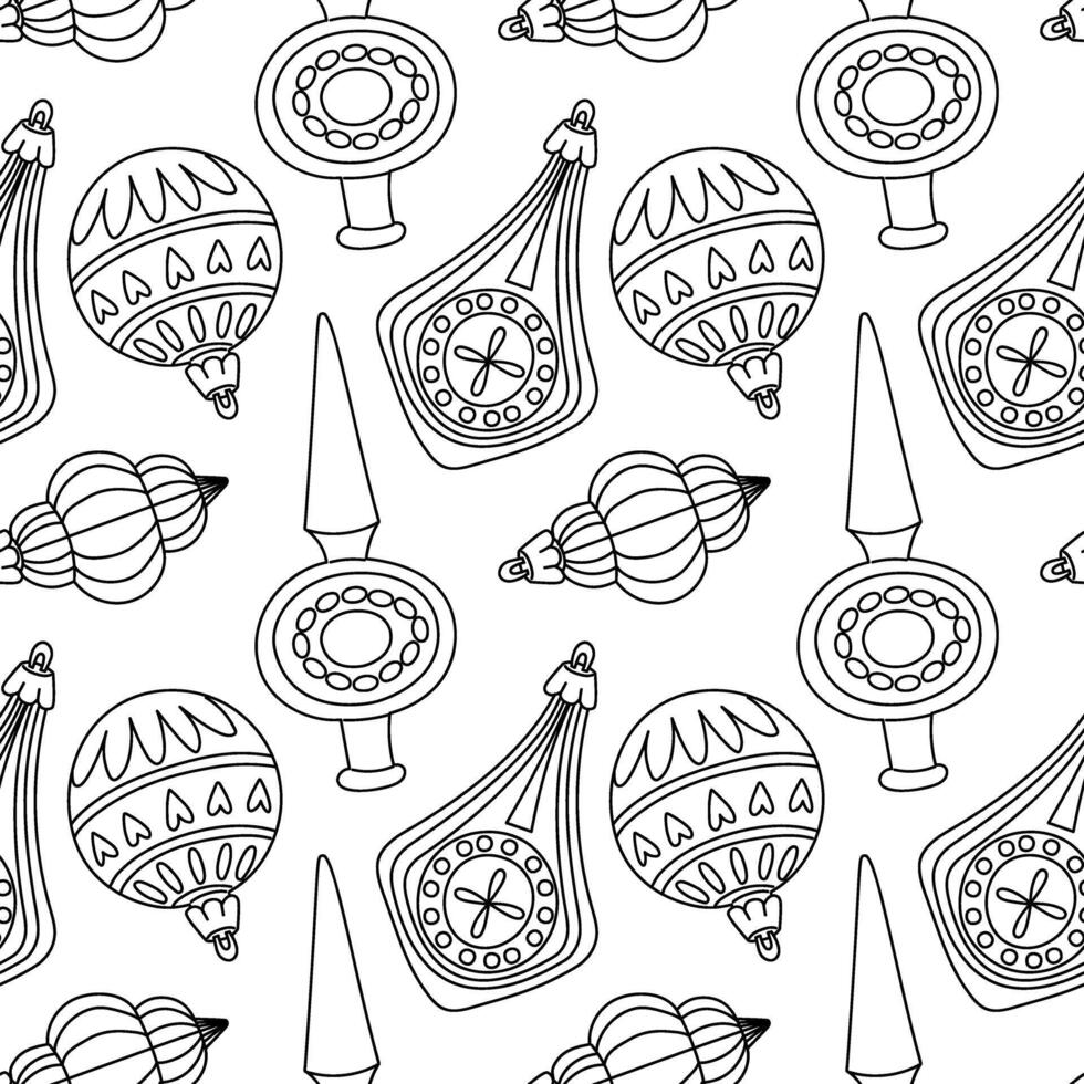 pattern of Soviet Christmas tree toys of various shapes. Toys made of glass. Texture is made in contour, objects are round, elongated and cute. Festive decor items for decorating the Christmas tree vector