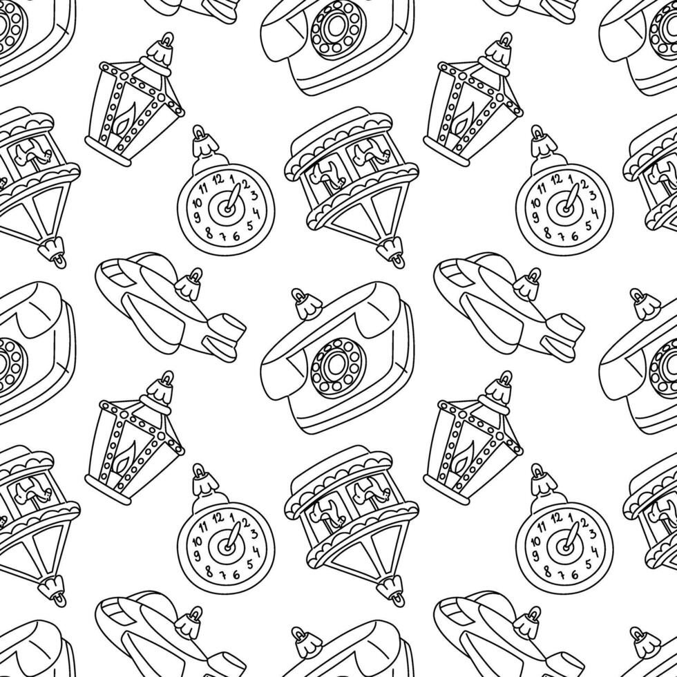 doodle pattern of Soviet Christmas tree toys. Toys made of glass. An airplane, carousel, crew, house, street lamp, clock, vintage illustrations, various objects. Textures of festive for New Year tree vector