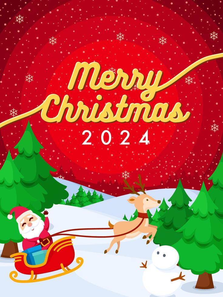 Christmas 2024 Greeting Card Poster design features Santa on a sleigh, reindeer, snowman, and festive trees under snowy skies landscape. vector