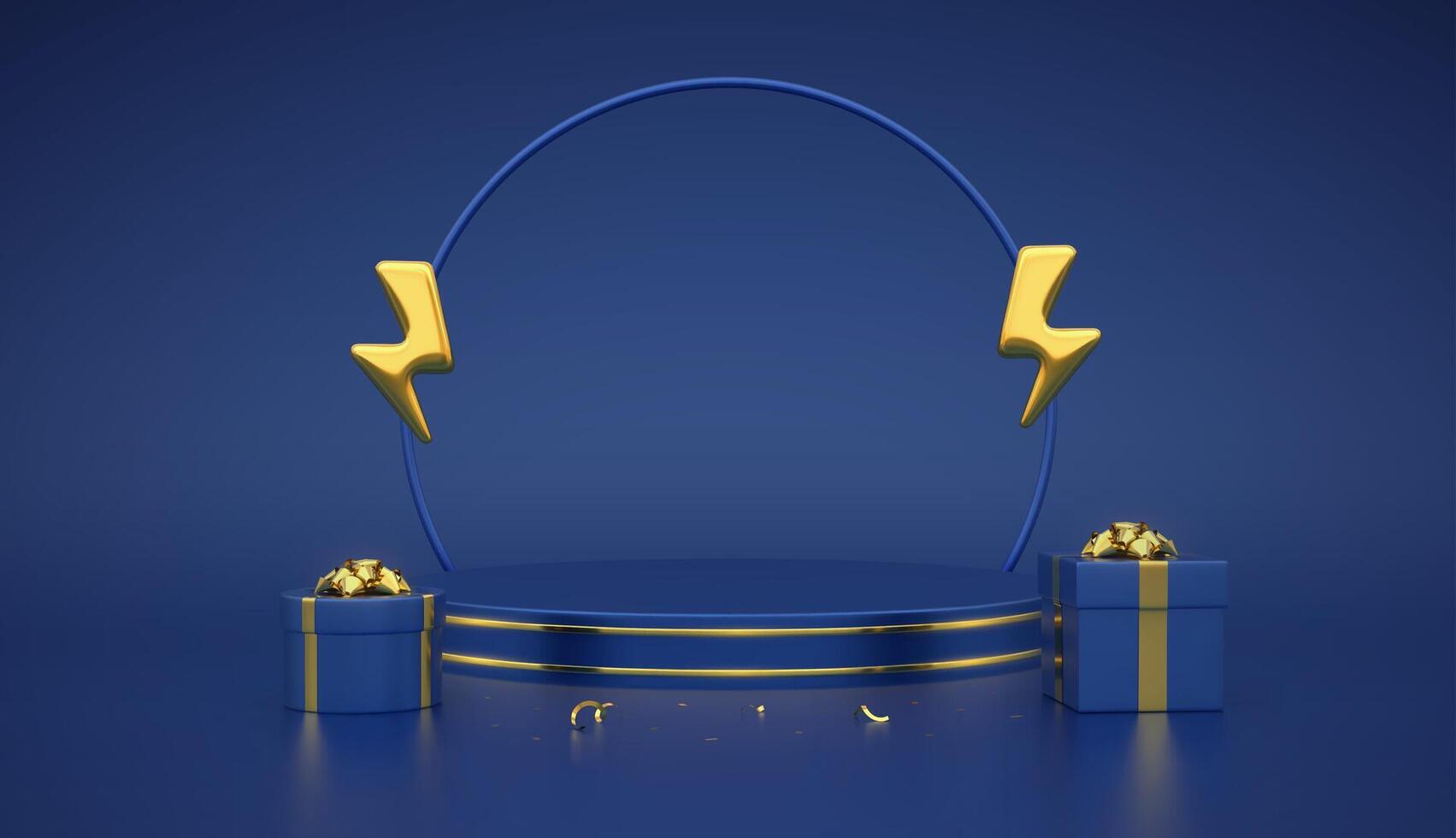 Stage podium with gold lightning bolt icon. Flash sale. Mega sale special offer. Gift boxes with golden bow. Discount shopping. Sale promotion. Blue product podium, pedestal. vector