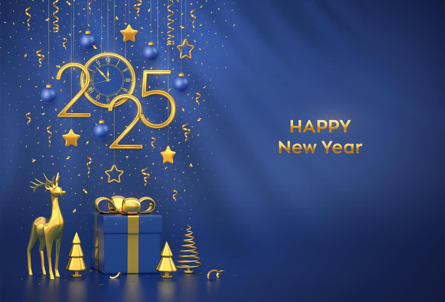 Happy New Year 2025. Merry christmas card. Hanging golden metallic numbers 2025, stars, balls, confetti. Watch with Roman numeral countdown midnight. Gift box, gold deer, fir, spruce trees. vector