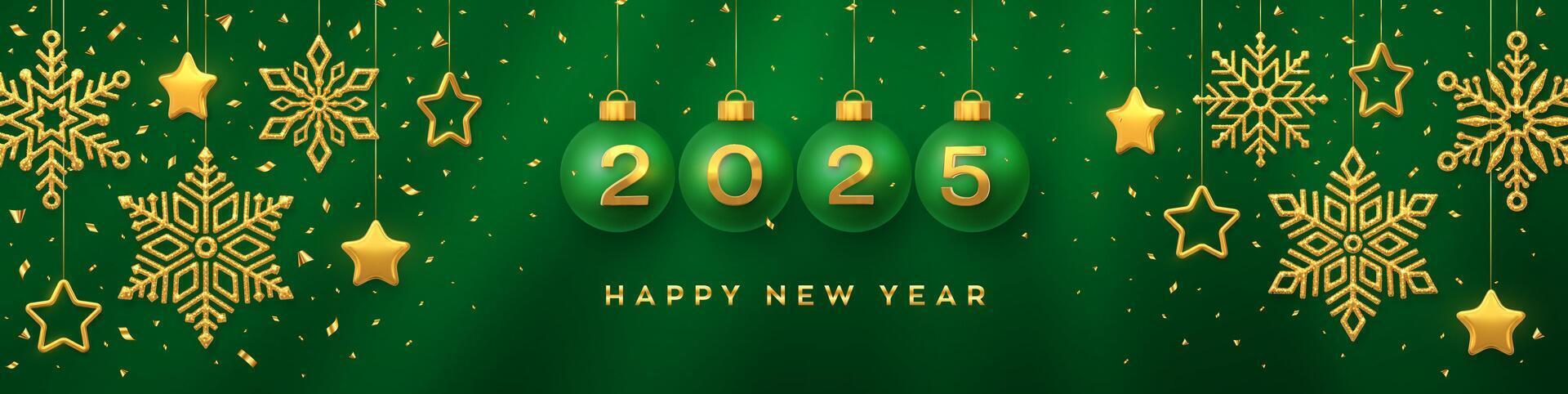 Happy New Year 2025. Hanging blue Christmas bauble balls with realistic golden 3d numbers 2025. Golden snowflakes and 3D metallic stars on green background. Holiday banner, header. vector