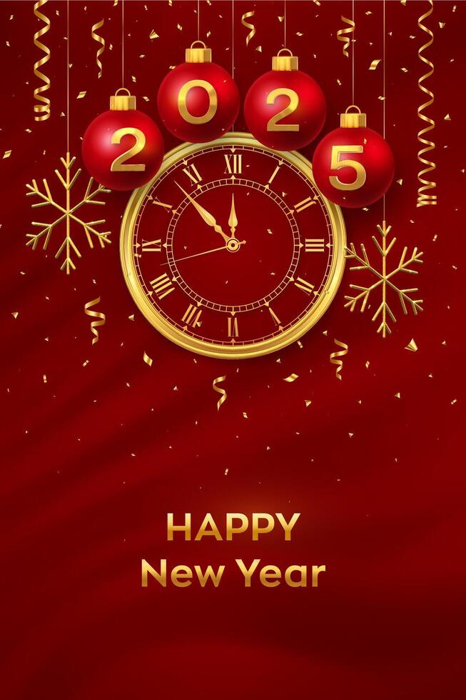 Happy New Year 2025. Hanging red Christmas bauble balls with realistic gold 3d numbers 2025 and snowflakes. Watch with Roman numeral and countdown midnight, eve for New Year. Merry Christmas. vector