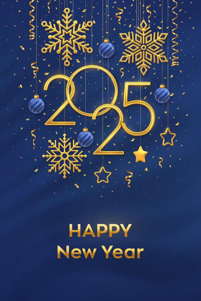 Happy New Year 2025. Hanging Golden metallic numbers 2025 with shining snowflakes, 3D metallic stars, balls and confetti on blue background. New Year greeting card or banner template. vector