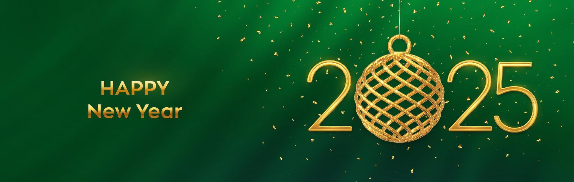 Happy New Year 2025. Hanging Golden metallic numbers 2025 with shining 3D gold ball bauble and confetti on green background. New Year greeting card, banner, header template. vector