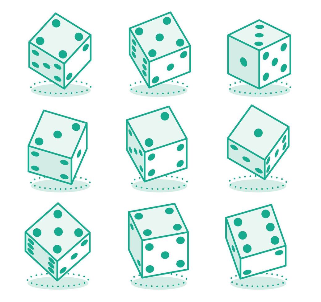 Isometric collection of dices on a white background. Outline objects. Set of cubes for gambling and board games. White cubes with random numbers. vector