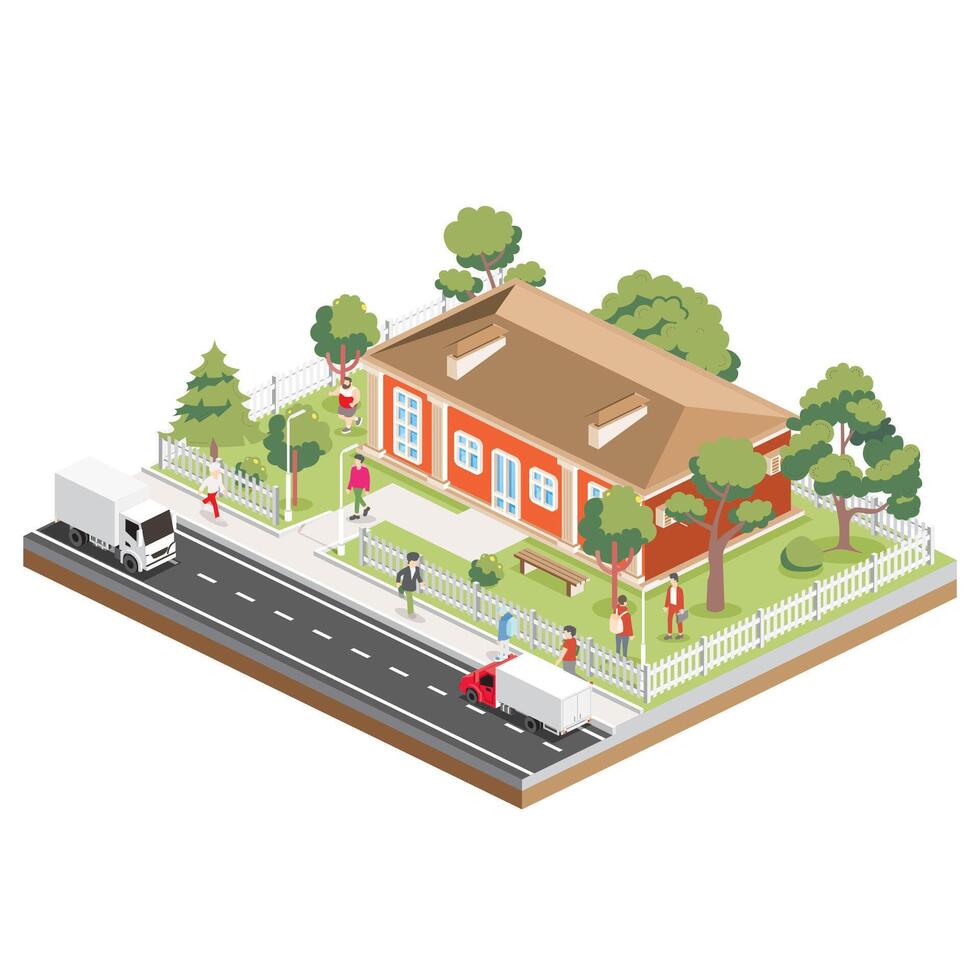 Isometric hotel in classical style with columns. Small hotel building facade. Online hotel booking. White fence with trees and benches. People walking around. vector