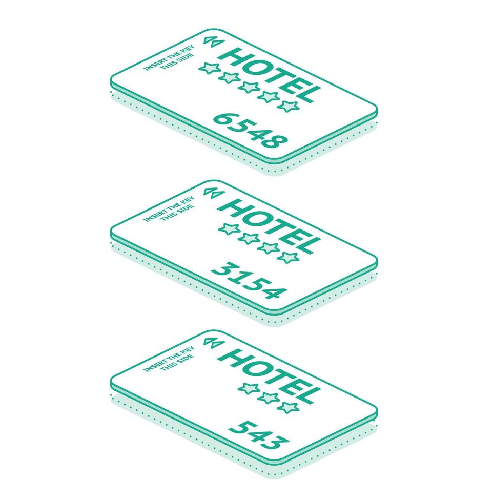 Isometric plastic hotel key card. Electronic system for lock and unlock door. Outline objects. vector