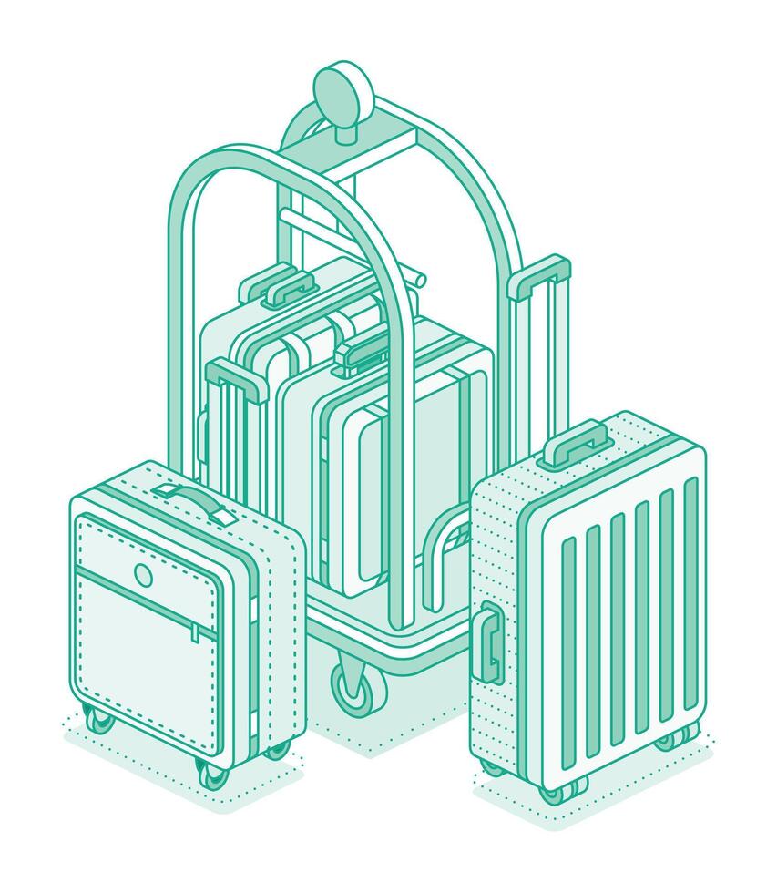 Isometric trolley cart with luggage and suitcases. Hotel equipment. Object isolated on white. Hotel reception and room service. vector