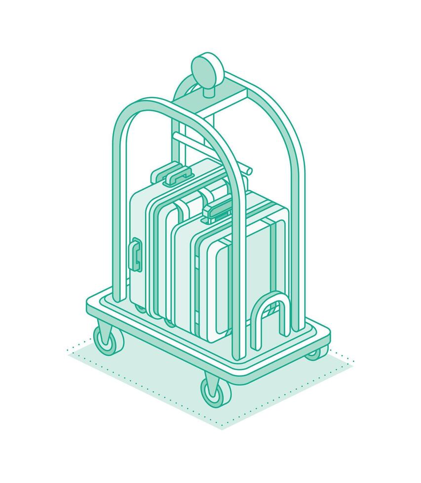 Isometric trolley cart with luggage and suitcases. Hotel equipment. Object isolated on white. Hotel reception and room service. vector