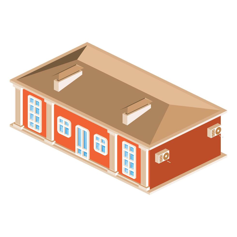 Isometric red building with multiple windows, door and a brown roof. City architecture. Real estate. vector