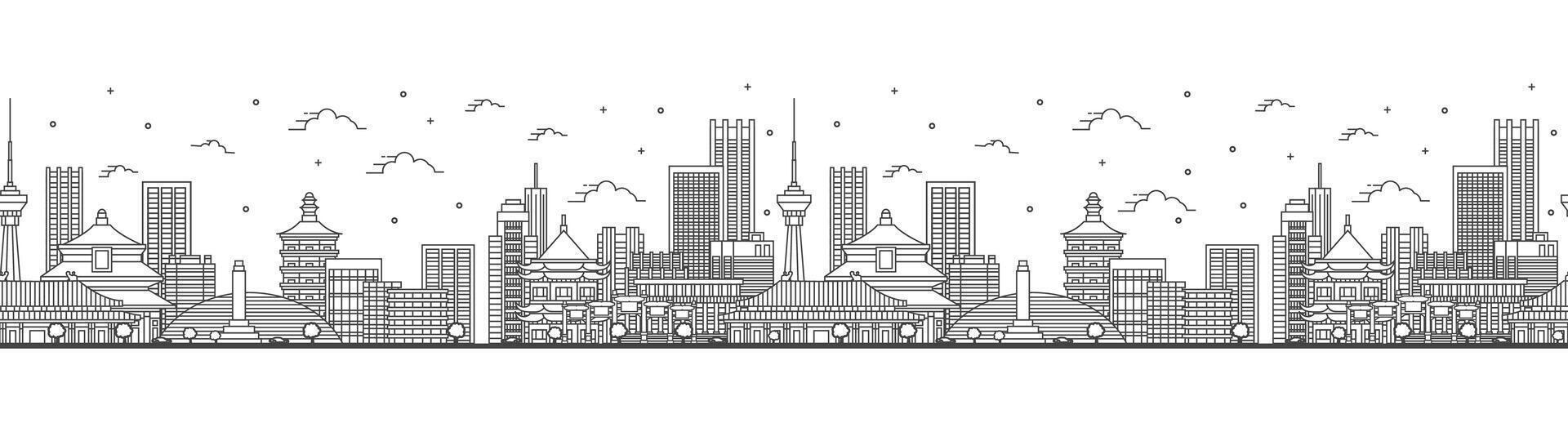 Seamless pattern with outline Beijing China City Skyline with Modern Buildings Isolated on White. Beijing Cityscape with Landmarks. vector