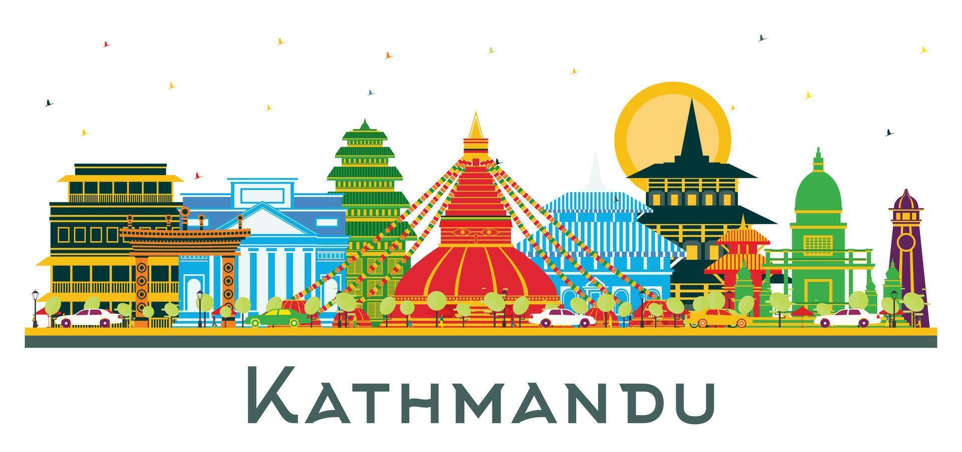 Kathmandu Nepal City Skyline with Color Buildings isolated on white. Business Travel and Tourism Concept with Historic Architecture. Kathmandu Cityscape with Landmarks. vector