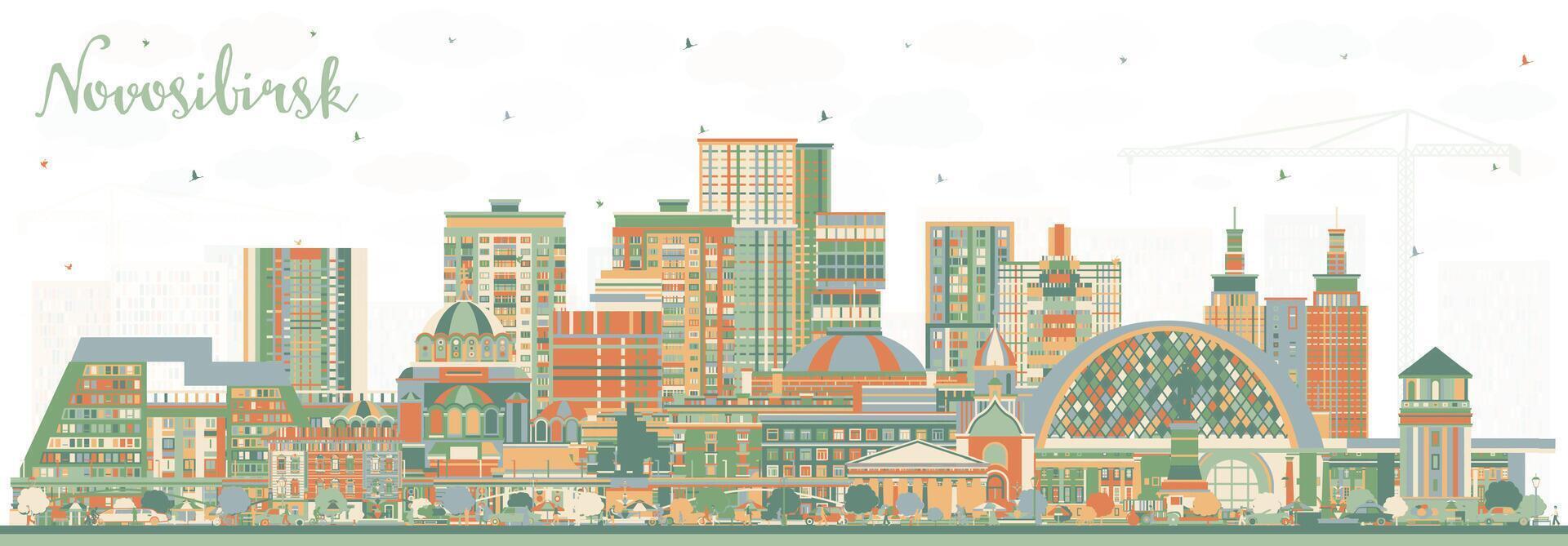 Novosibirsk Russia city skyline with color buildings. Novosibirsk cityscape with landmarks. Business travel and tourism concept with modern and historic architecture. vector