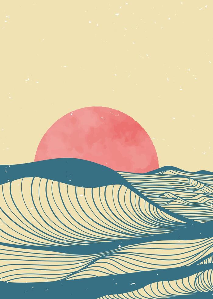 Ocean wave landscape illustration. Creative minimalist modern line art print. Abstract contemporary aesthetic backgrounds landscapes. with Ocean, sea, skyline, wave and sunset vector