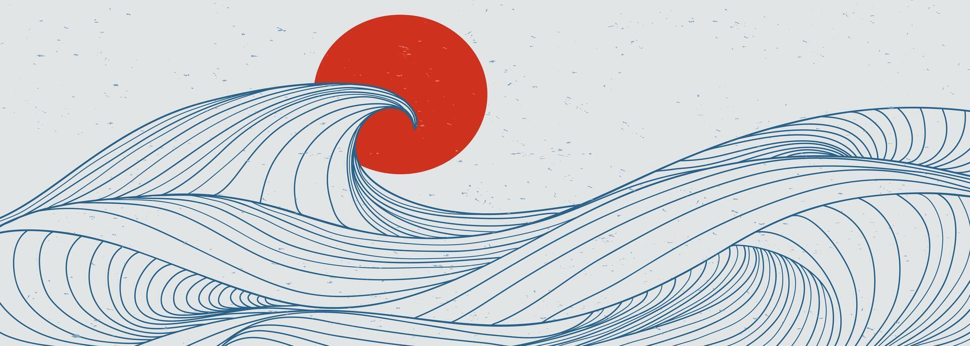 Ocean wave landscape illustration. Creative minimalist modern line art print. Abstract contemporary aesthetic backgrounds landscapes. with Ocean, sea, skyline, wave and sunset vector