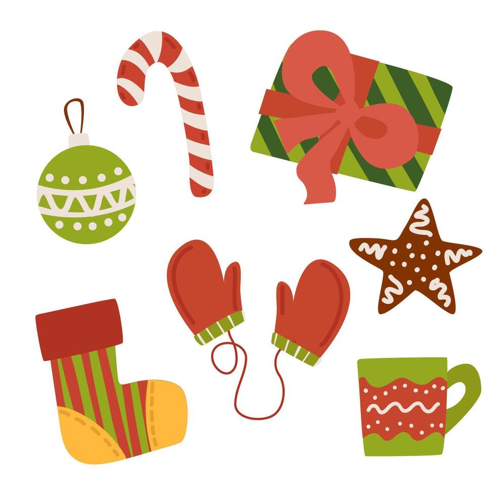 New Year and Christmas set. Gift, sock, toy, gloves, etc vector