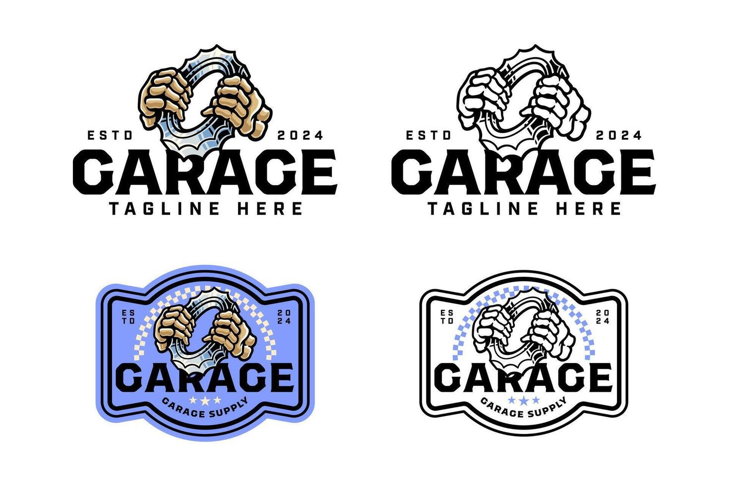 hand skull holding gear ring engine colorful logo design set for garage, motorcycle club bone hand holding gear, jagged, serrated illustration outline badge logo template for racing sport vector