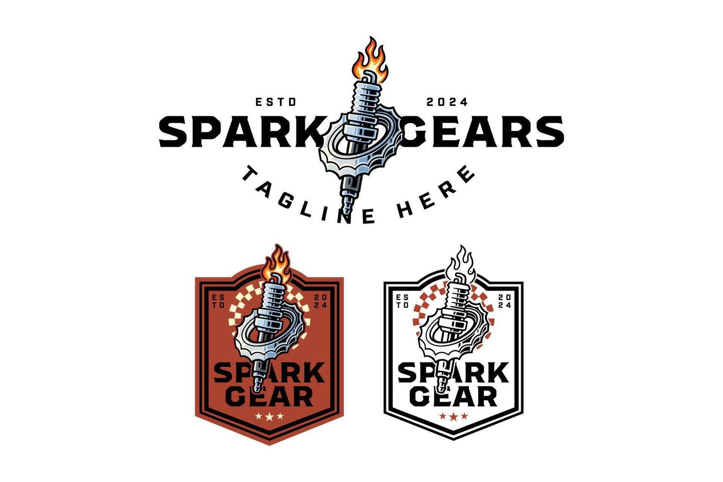 spark plug with fire and gear colorful and outline logo design set for garage, automotive, motorcycle club vehicle sparking plug, serration illustration badge logo template for rider, racing sport vector