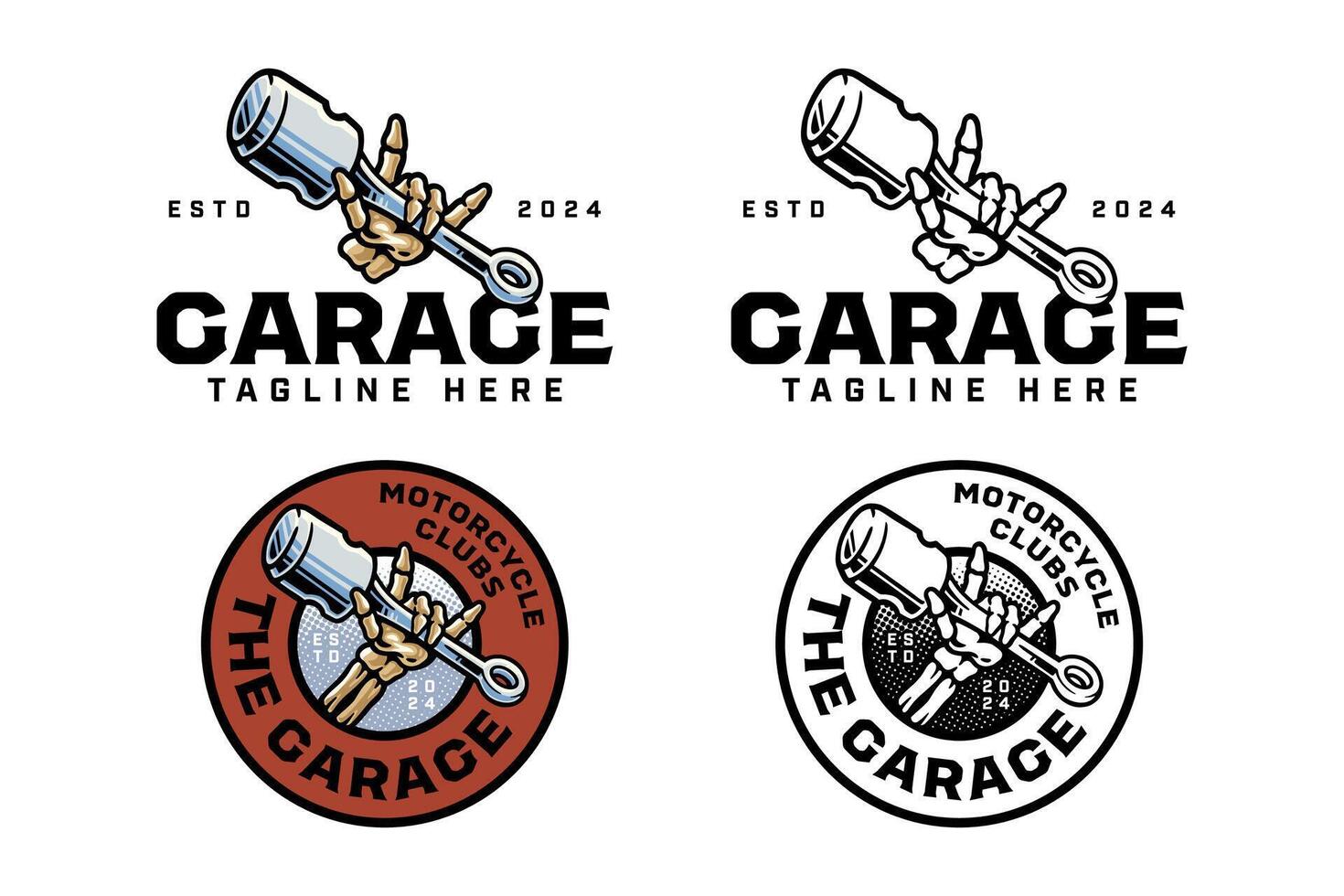 metal hand skull holding piston engine colorful logo design set for garage, motorcycle club rock bone hand holding cylinder engine crossed illustration outline badge logo template for racing sport vector