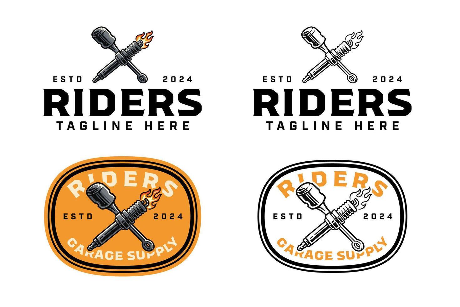 spark plug with engine piston crossed colorful outline logo design set for garage, automotive, motorcycle club spark plug with fire, piston illustration badge logo template for rider, racing sport vector