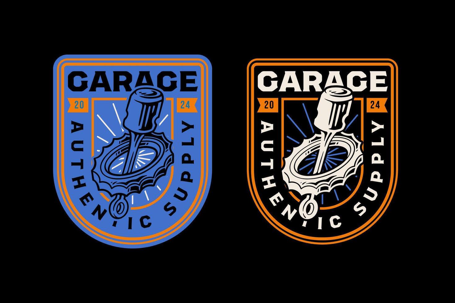 piston with gears mechanism retro badge logo design for garage, workshop, spare part, extreme sport. cogwheel with piston engine emblem logo collection for racer, motorcycle, rider, mechanic vector