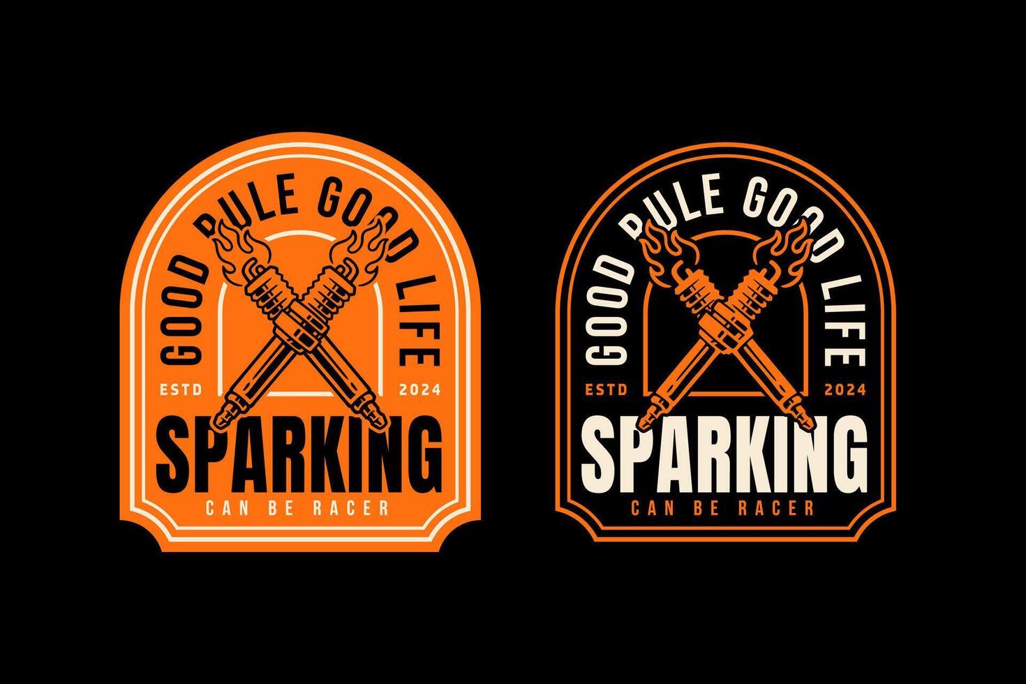 sparking plug with fire crossed retro badge logo design for garage, workshop, spare part, extreme sport. sparking club with flame crossed emblem logo collection for racer, motorcycle, rider vector