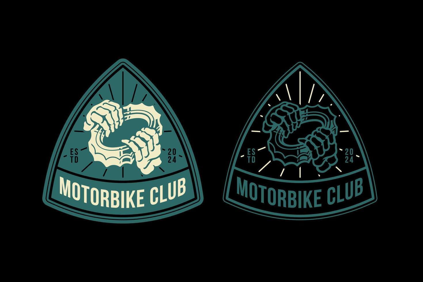 skull hand holding gear engine retro badge logo design for garage, spare part, extreme sport. hand skeleton holding cogwheel steel emblem logo collection for racer, motorcycle, rider, mechanic vector