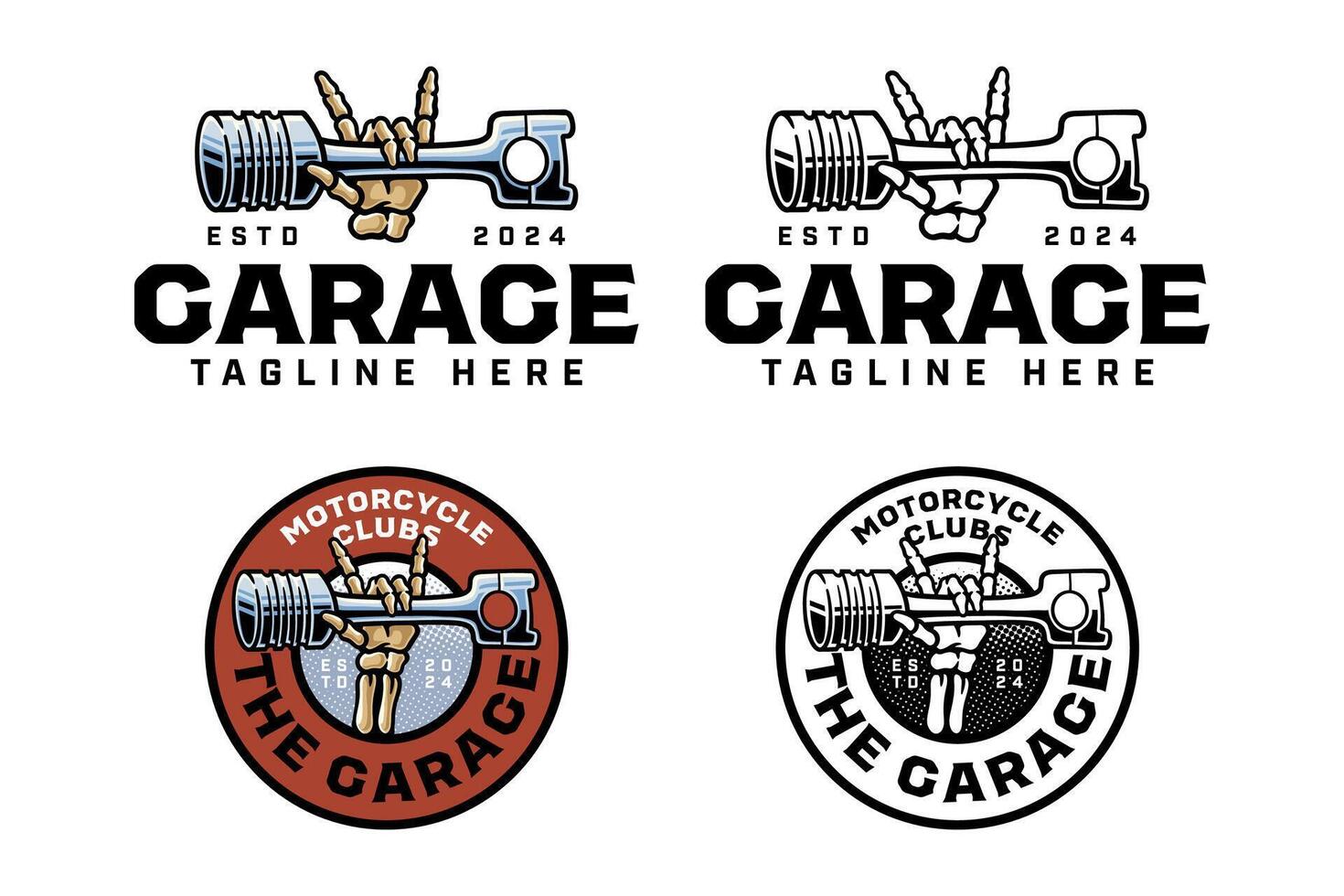 hand skull holding piston engine colorful logo design set for garage, automotive, motorcycle club bone hand holding cylinder engine crossed illustration outline badge logo template for racing sport vector