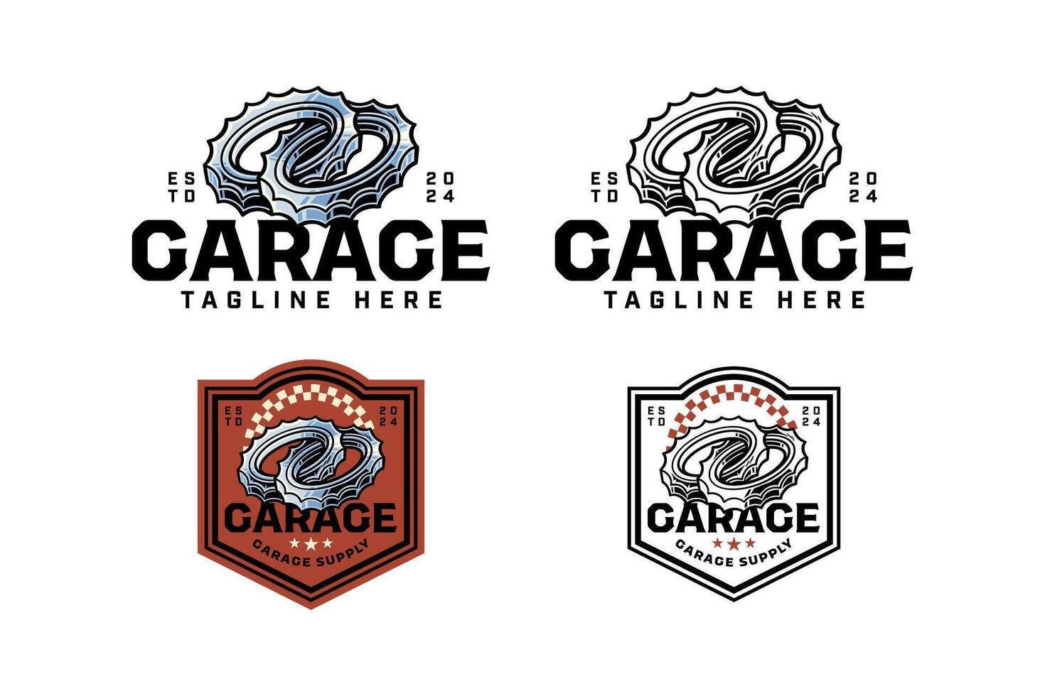 gear ring engine with infinity, infinite shape colorful logo design set for garage, motorcycle club gear engine with endless, loop shape illustration outline badge logo template for racing sport vector