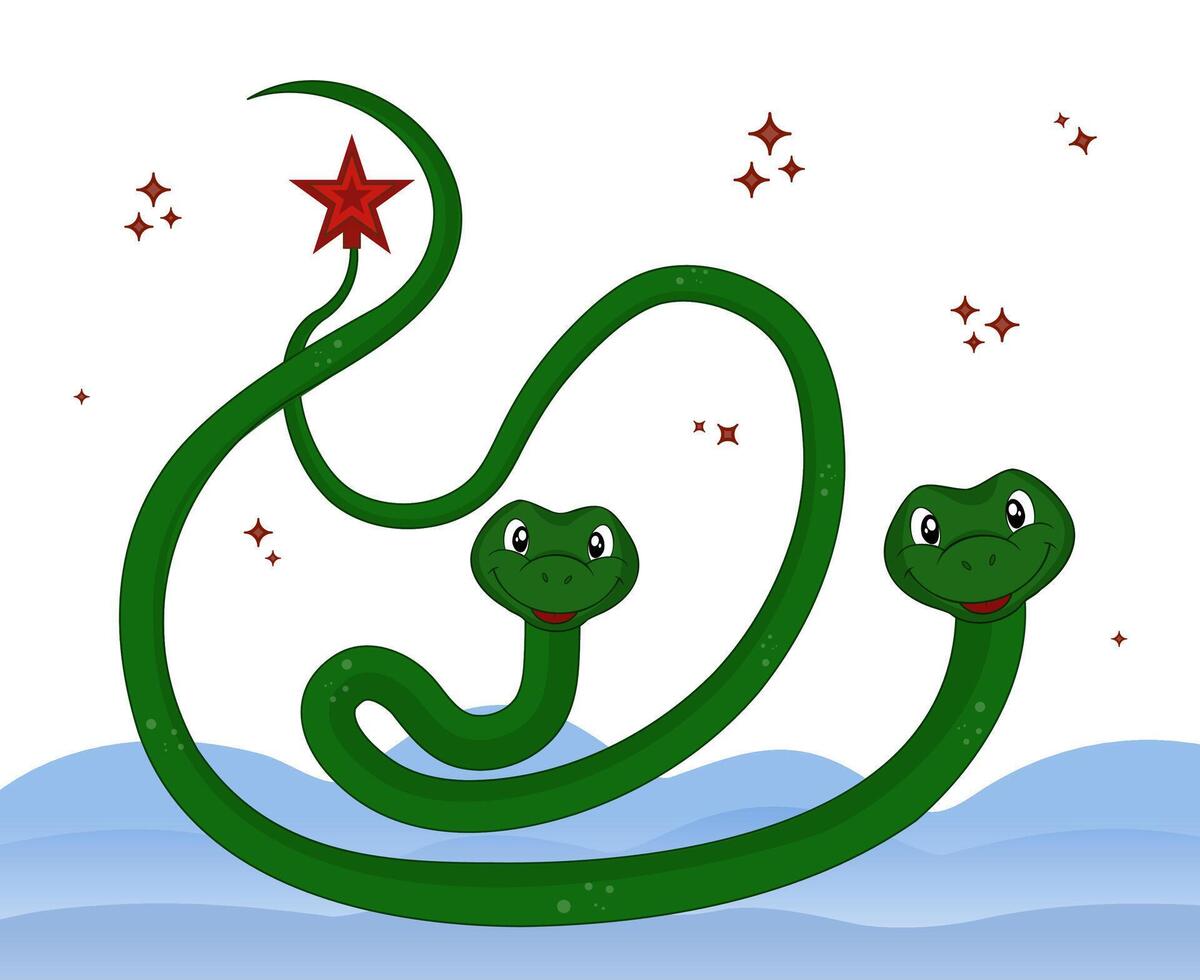 Two green snakes in the snow. Top red star on the snake tail. illustration symbol 2025 New Year. vector