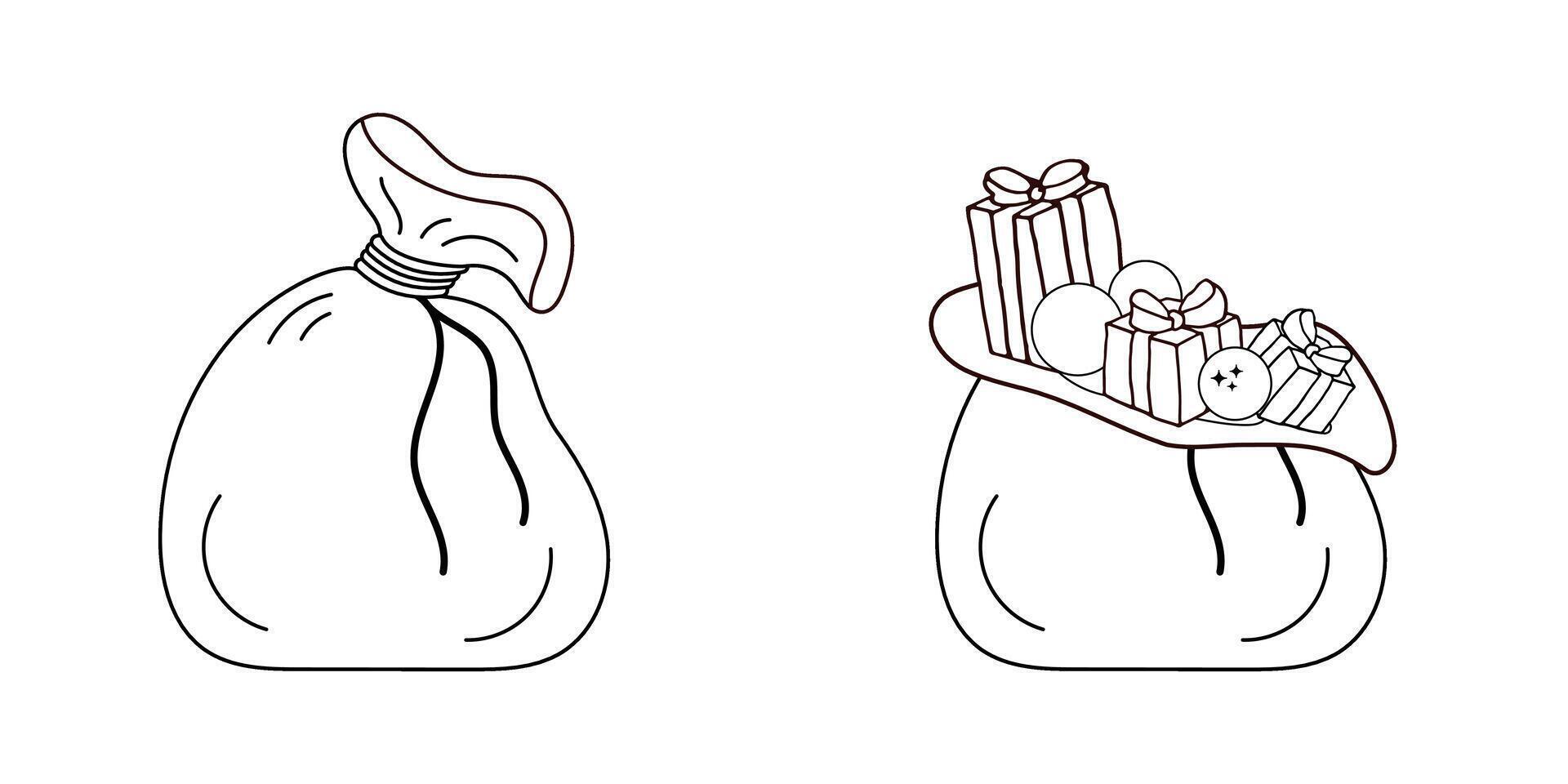 Santa Claus bag, sack with gifts. Black and white illustration. Black line style, outline, doodle. New Year, Christmas gifts. Bag tied with rope and bag filled with gift boxes. Coloring book. vector