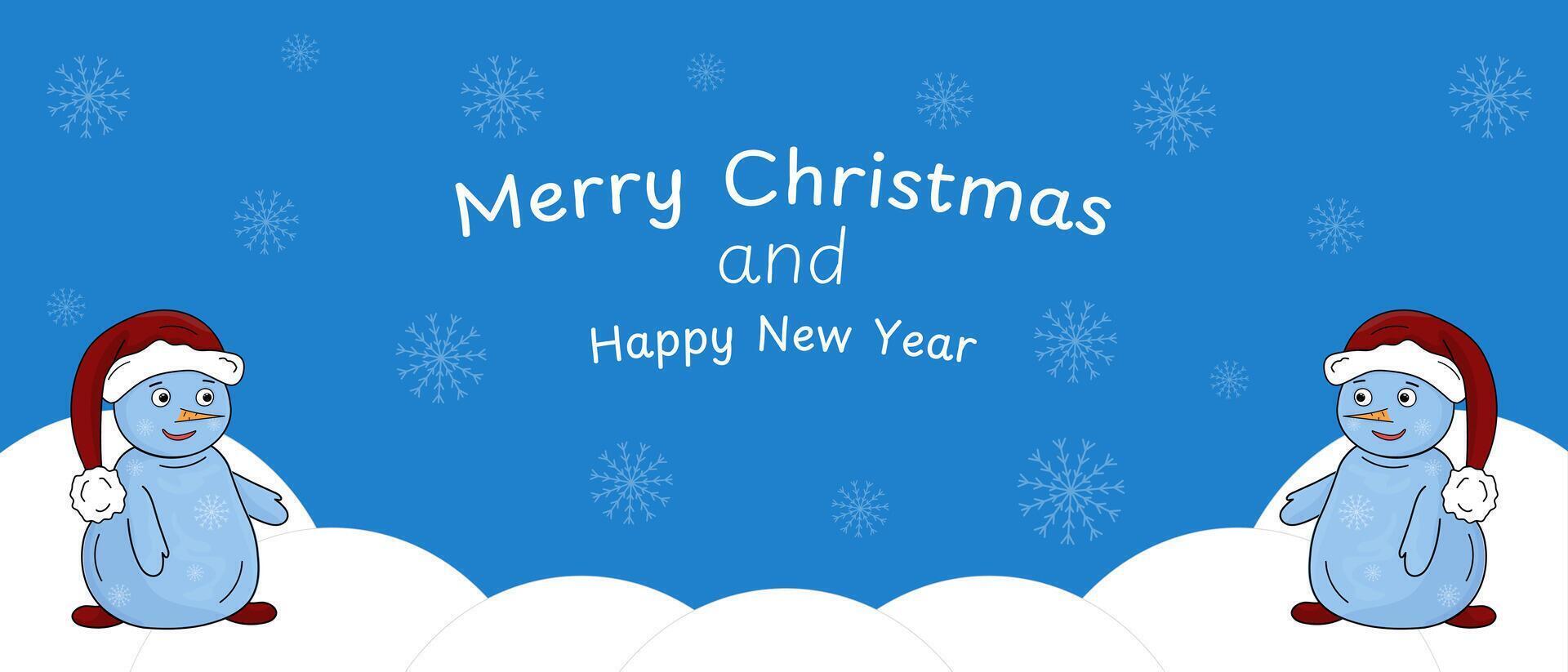 Blue New Year banner with place for text. Frame with snowmen, snow, snowflakes to post information about celebrating Christmas and New Years holidays. vector