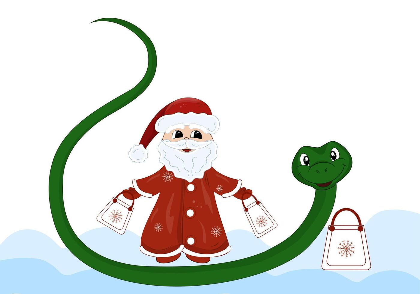 Santa Claus with gift bags and symbol of the year green snake. color illustration with design elements for New Year and Christmas. vector