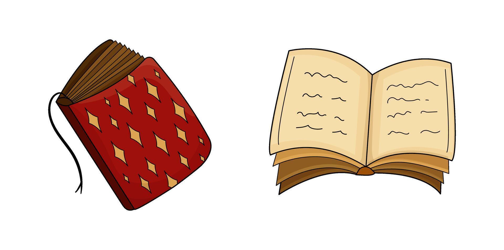 Open old magic book with bookmark. Red Book with leather cover, open book with spells. Isolated illustration theme magic, book, alchemy, recipe, ancient literature. vector