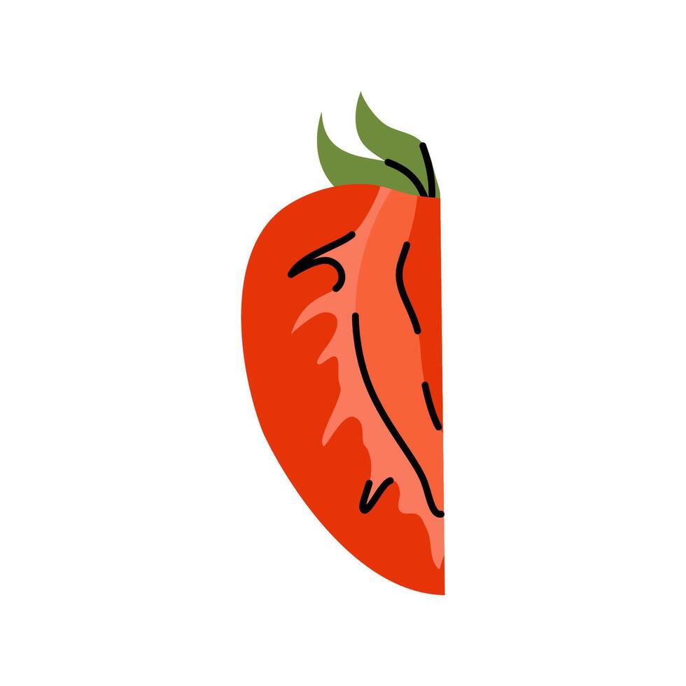 Simple hand drawn strawberry half with green leaves in doodle style vector