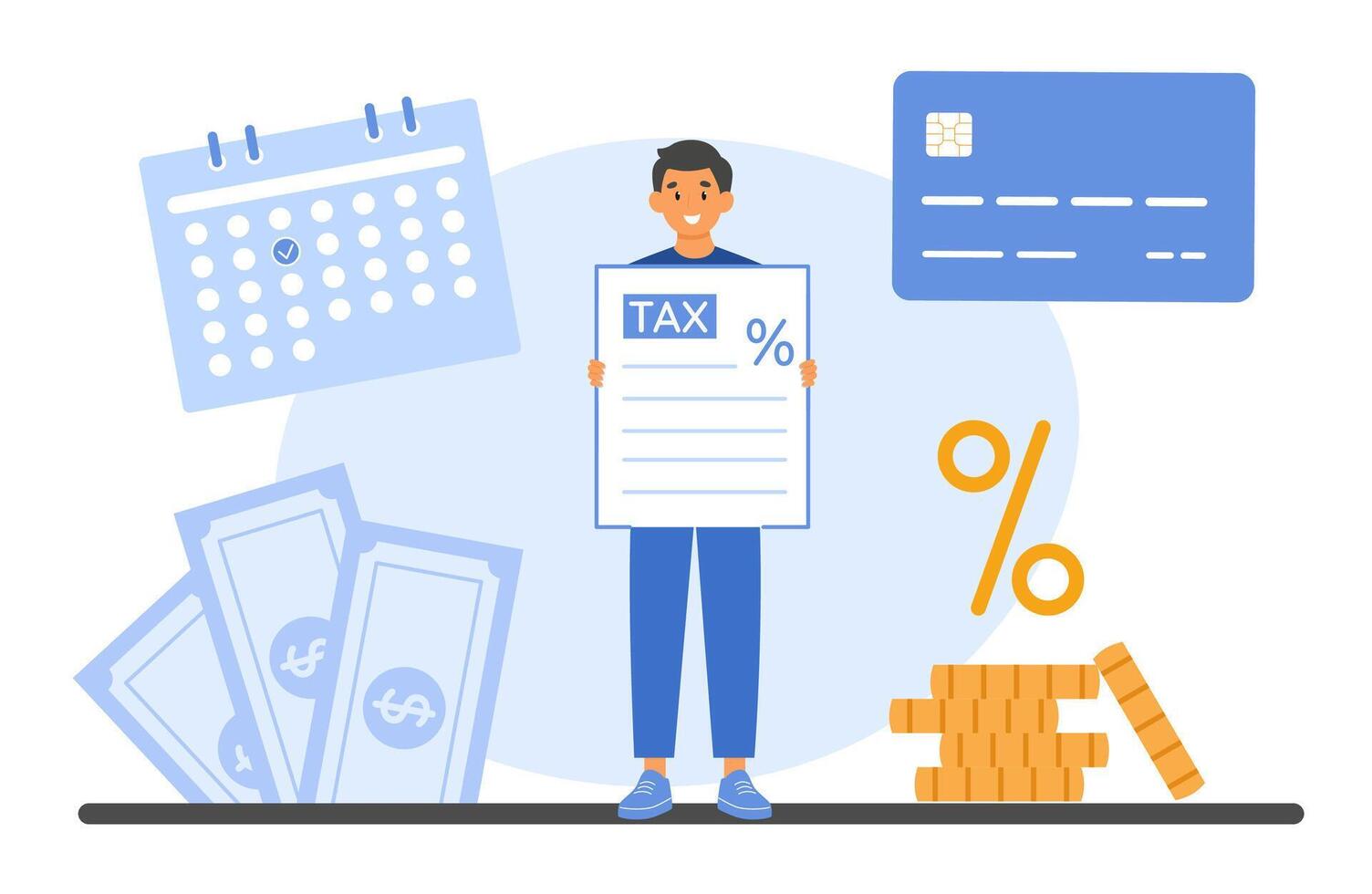 Man holding a tax document near a bank. Timely financial operations and tax management vector
