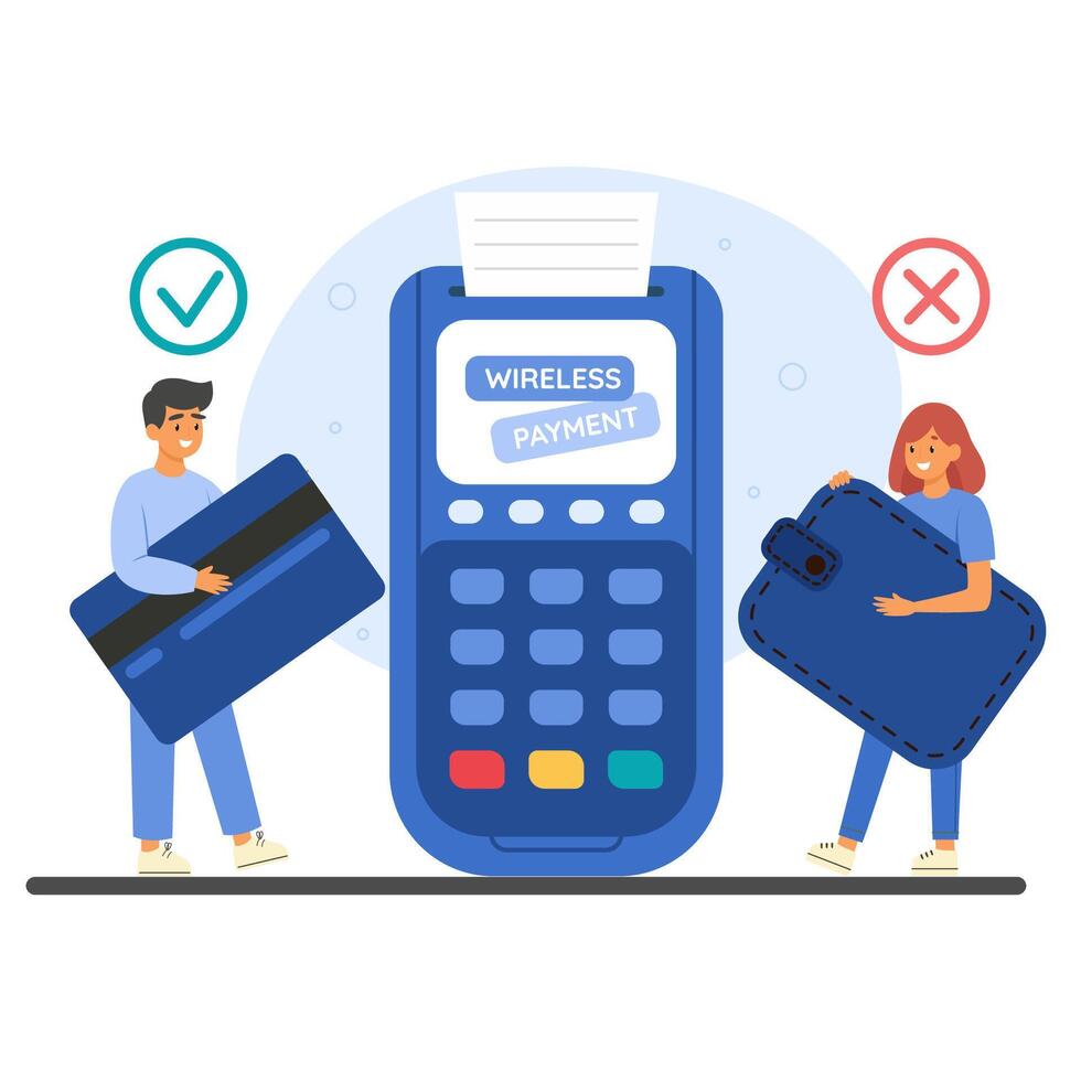 Wireless payment via card reader. Cashless transactions with contactless technology vector