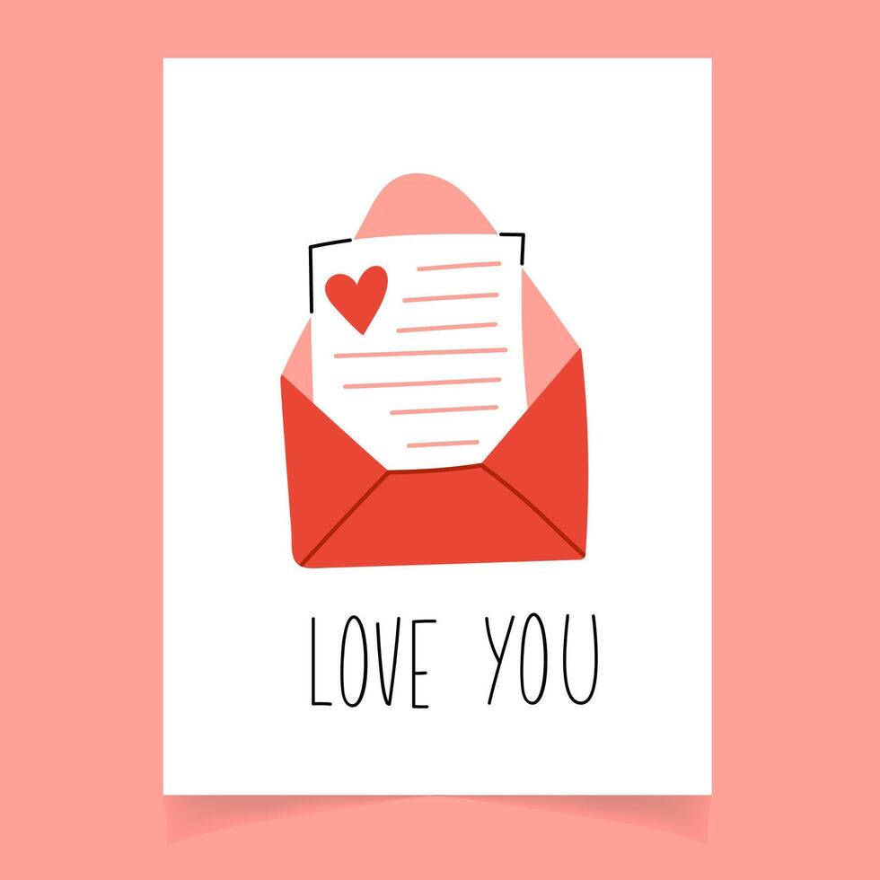 Hand drawn Valentines day greeting card with open envelope and lovely letter inside vector