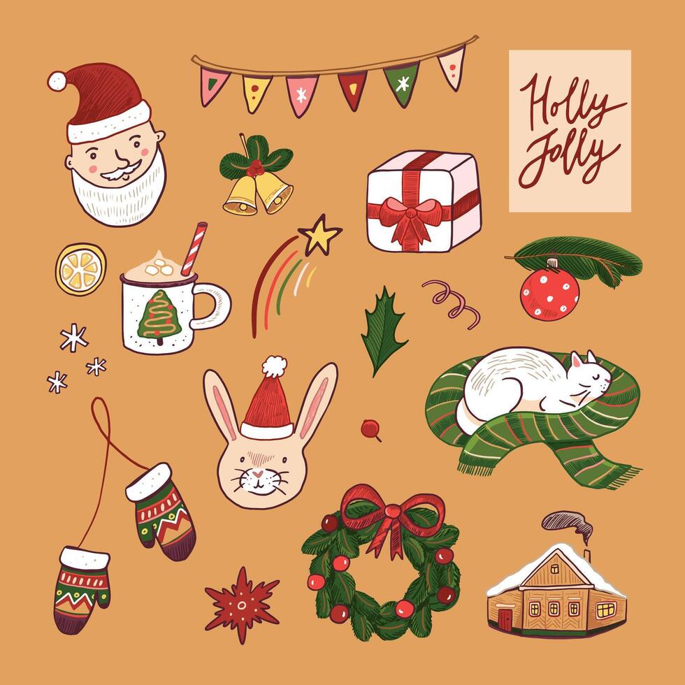 Hand drawn Christmas and New Year doodles set. illustration. vector