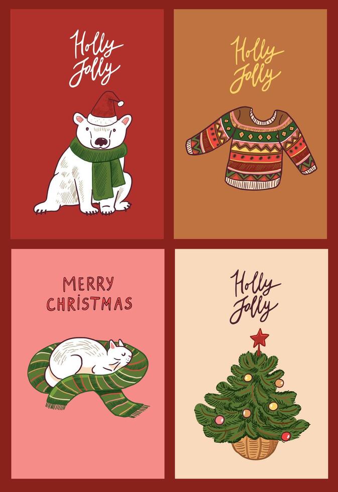 Hand drawn Christmas and New Year doodles postcards set. illustration. vector