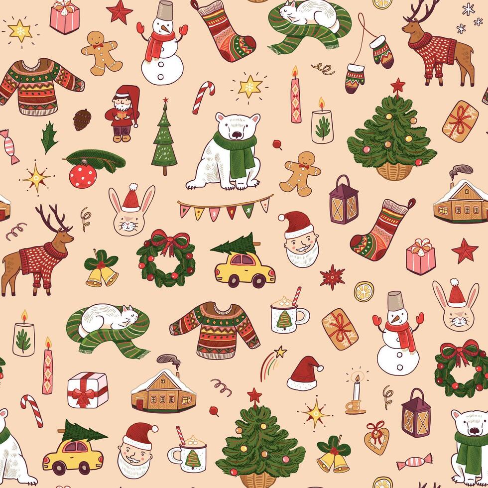 Navidad sin costura modelo con mano dibujado garabatear elementos ilustración vector