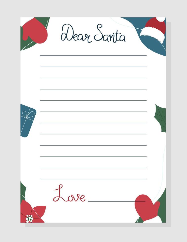 Christmas Letter to Santa Claus. Printable template of sheet with pattern for kids. Winter background with empty place for wishlist. Layout in A4. vector
