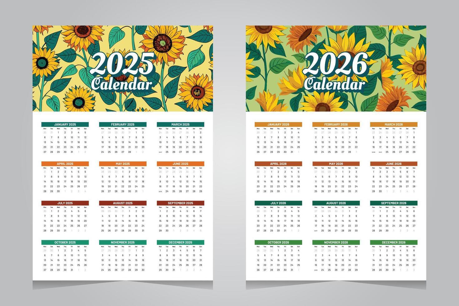 Calendar 2025 and 2026 design template with abstract sunflower background vector