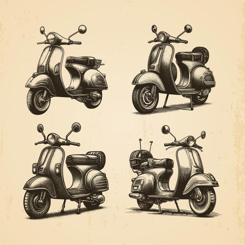 Collection of hand drawn Scooters vintage illustration isolated background vector