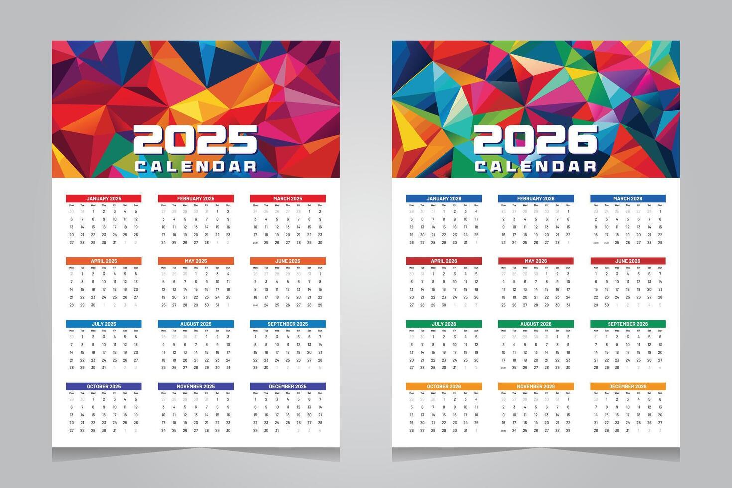 Calendar 2025 and 2026 design template with colorful polygonal background vector