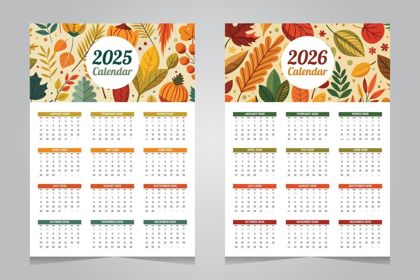 2025 and 2026 calendar design with floral leaves background vector