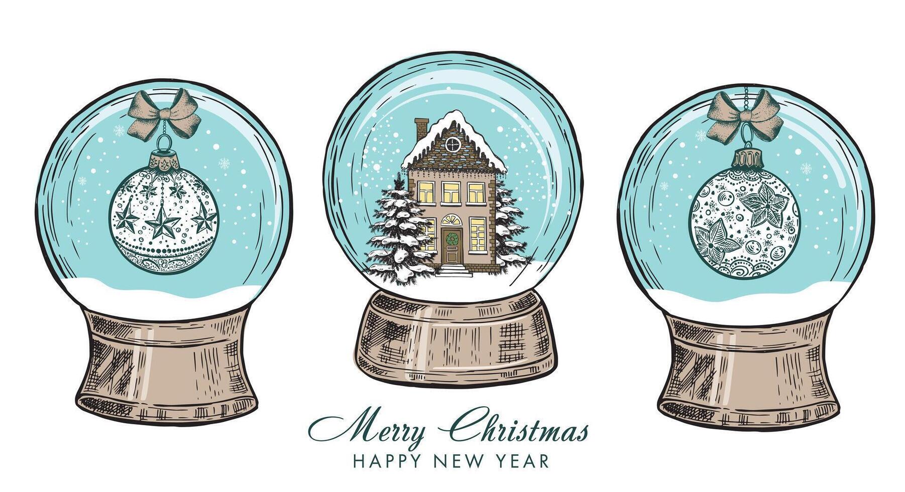 Christmas snow globe with toy and house, Hand drawn illustration. vector