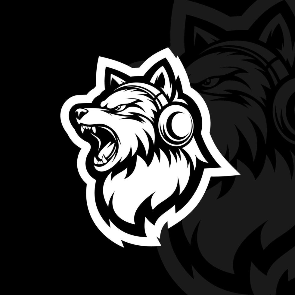 Angry wolf with headphone mascot esport logo illustration vector